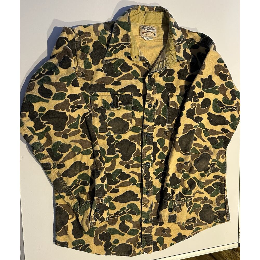 Cabela's Duck Camo Flannel Button Up Shirt Frog Skin Hunting Tall Large Vintage